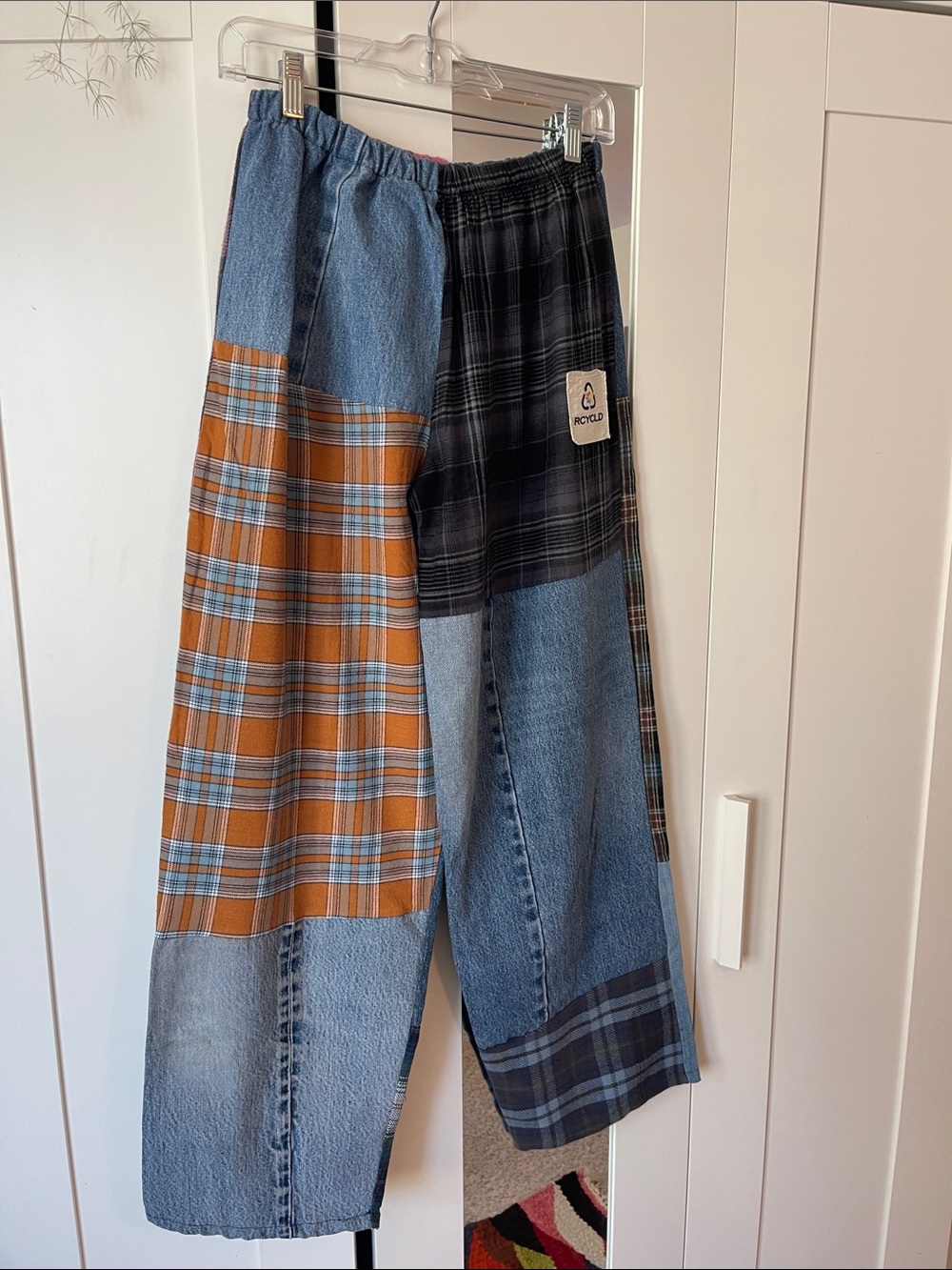 Patchwork Relaxed Women’s Jeans - Blue & Orange Plaid